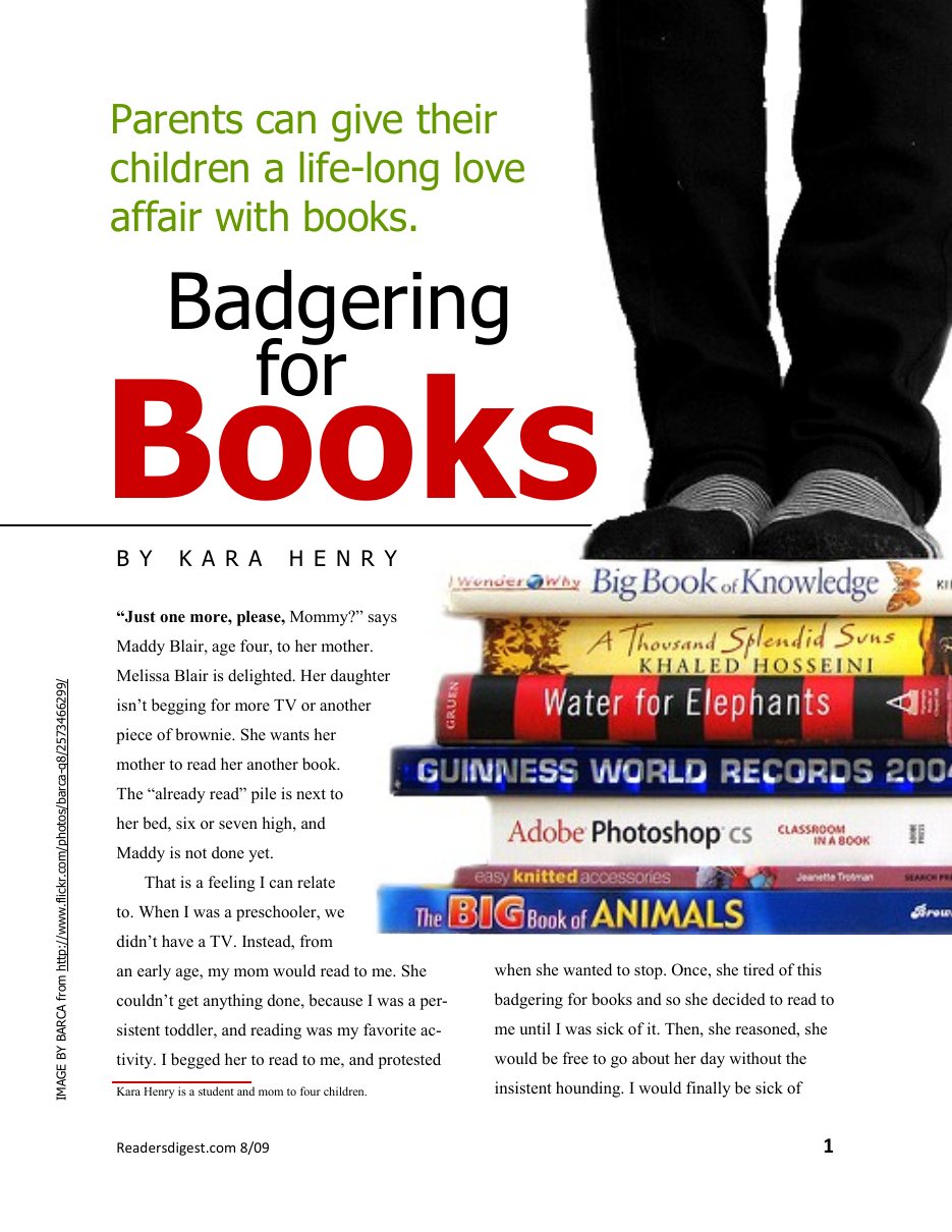 First page of the Badgering for Books magazine feature, with a stack of books under a pair of feet