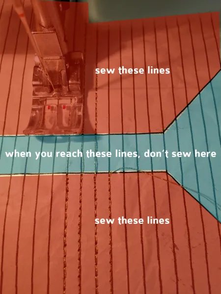 The same photo marked up: sew these lines above and below, don't sew where the lines cross the shape