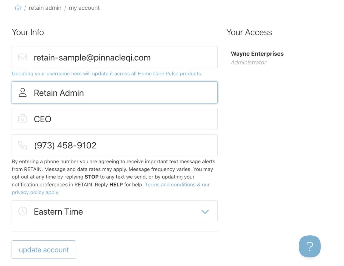 Retain account settings screen with the in-app help button in the lower right corner