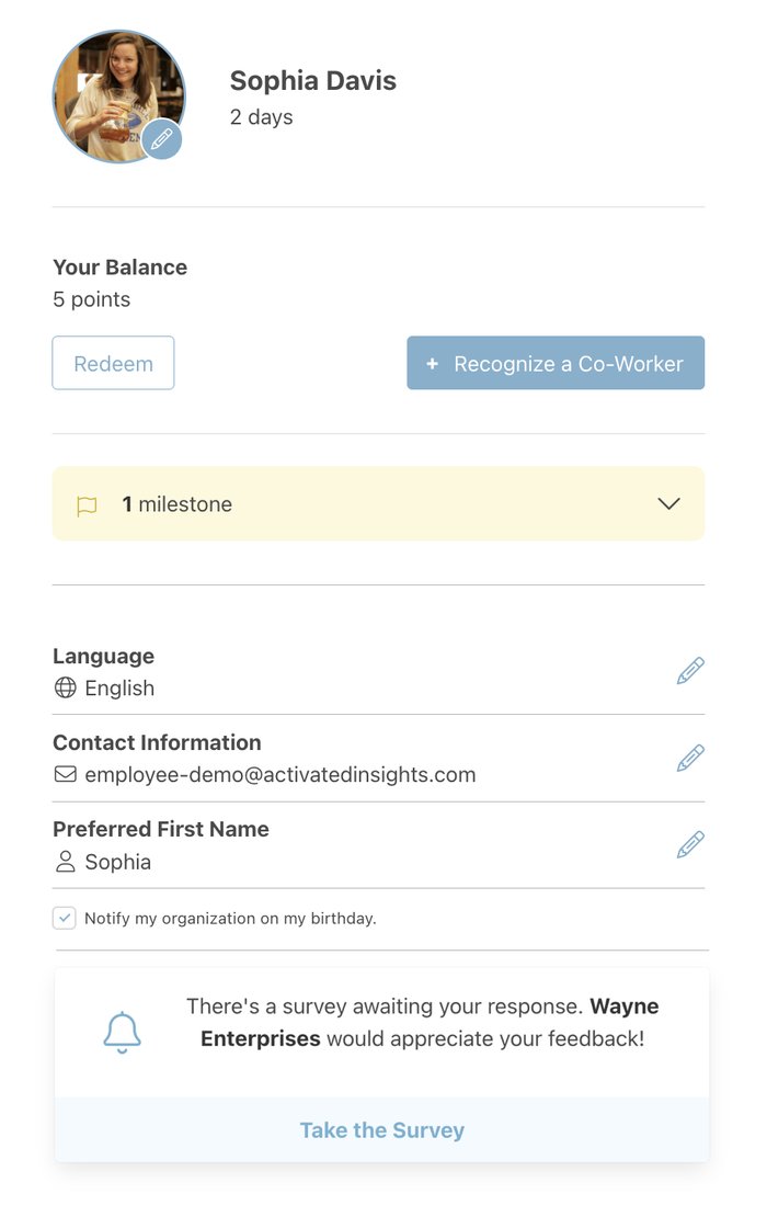 Retain employee profile with a card at the bottom reading: There's a survey awaiting your response, with a Take the Survey button