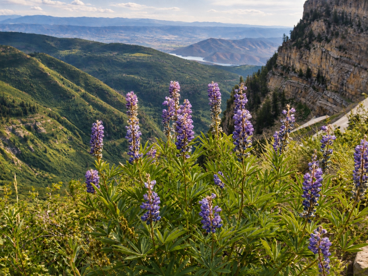 Purple lupine on a mountainside above a valley, with cliffs and a patch of glacier in the distance